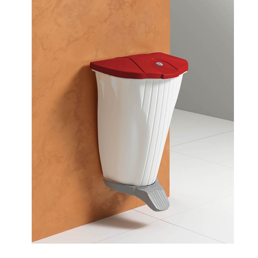 Poubelle murale 50L blanche Oyester avec pédale et couvercle rouge